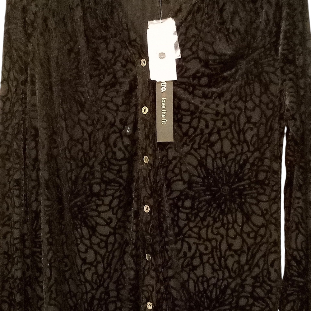 Intro. - NWT Black Velvet Burnout, Button Up, Long Sleeve Elastic Cuffs, Stretch